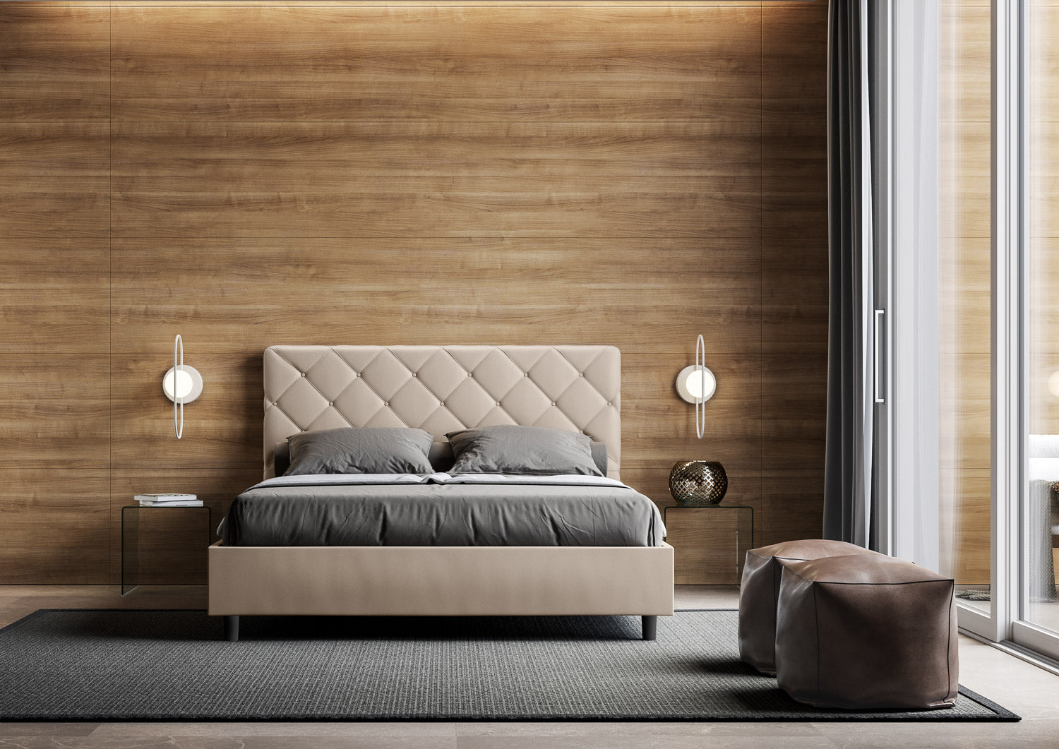 BS COM Letto matrimoniale francese senza rete imbottito 140x200 similpelle tortora