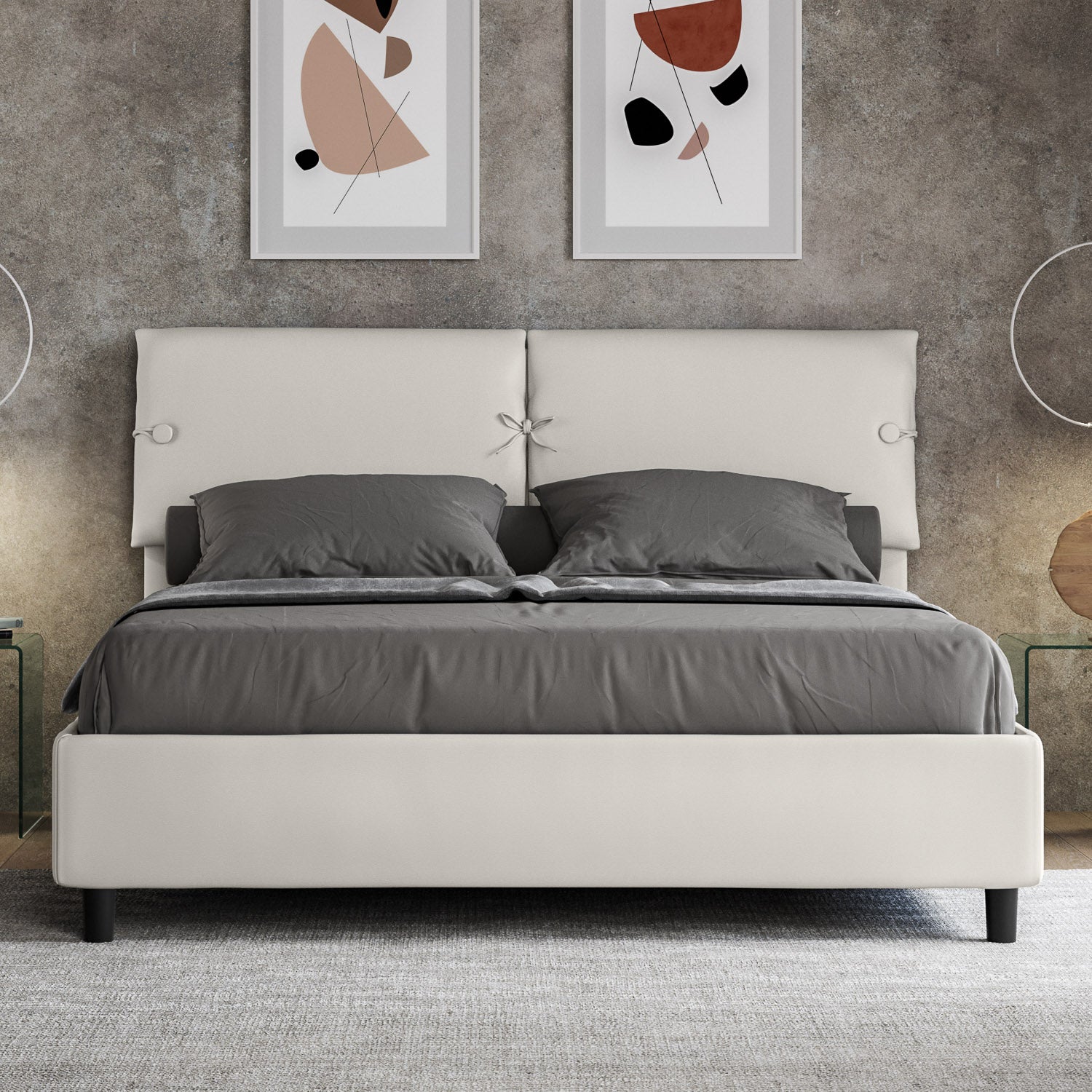 BS COM Letto matrimoniale contenitore doppia alzata imbottito 160x190 similpelle bianco
