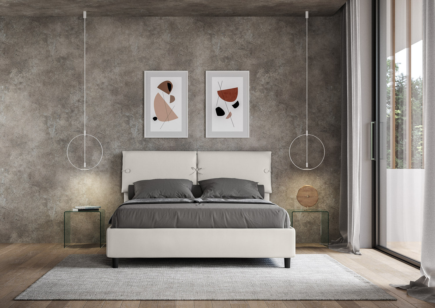 BS COM Letto matrimoniale contenitore doppia alzata imbottito 160x190 similpelle bianco