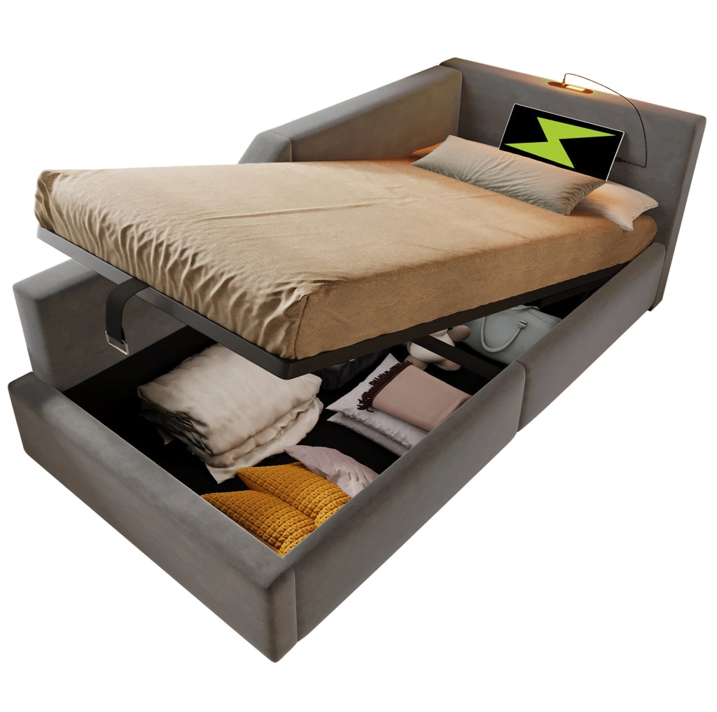 Daybed imbottito 90x200 cm in velluto grigio con vano contenitore, luce e USB-C