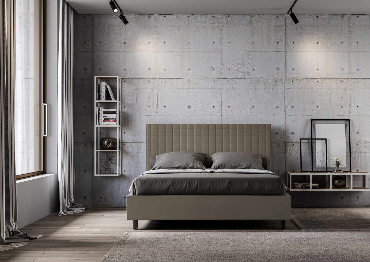 BS COM Letto matrimoniale contenitore doppia alzata imbottito 160x190 similpelle cappuccino