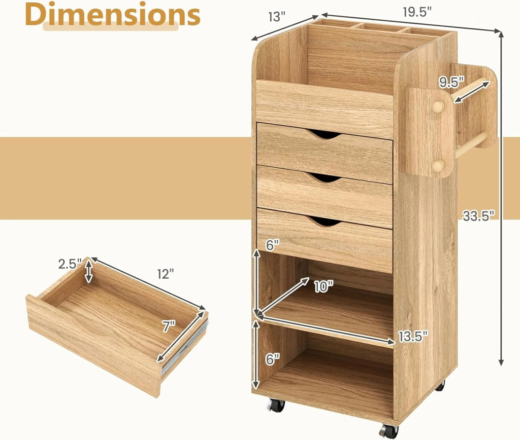 Cassettiera con ruote, 3 cassetti e 2 ripiani, in legno, cassettiera per ufficio, casa e soggiorno, 48,5 x 33,5 x 85,5 cm (naturale)