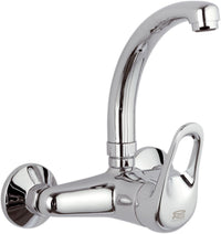 Rubinetto per lavello a muro con leva frontale e bocca alta girevole modello corto - serie kisss