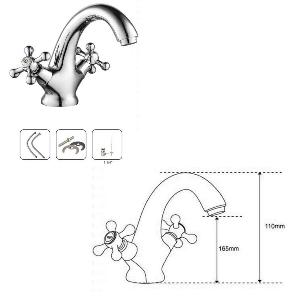 Trade Shop - Rubinetto Bicomando Per Lavabo Appoggio Bagno Comando Croce Vite Acciaio Cromato -