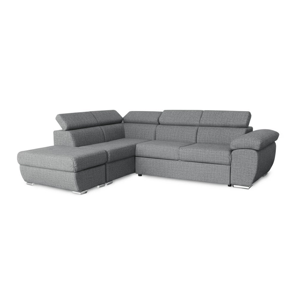 Divano Letto Angolare Fiona con Penisola Sinistra e Pouf Contenitore – Grigio