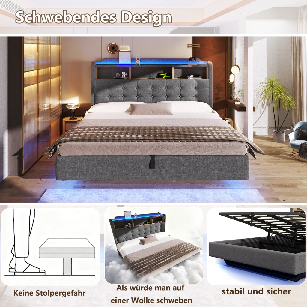 DESMIU Letto contenitore 180 × 200 cm 2 posti con LED, USB e Type-C, senza materasso, grigio