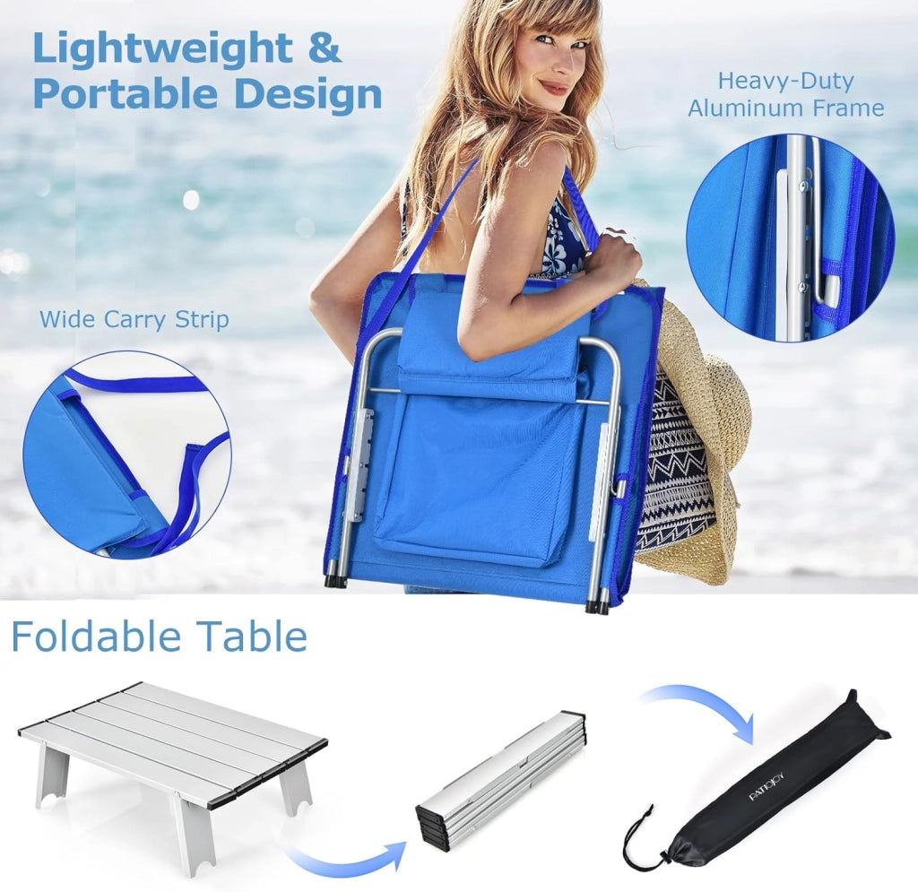 Set di 2 Lettini da Spiaggia con Tavolino, Stuoia Mare Imbottita Reclinabile in 5 Livelli Pieghevole, Tappetini da Spiaggia con Poggiatesta Rimovibile, Portabile con Tracolla, Blu