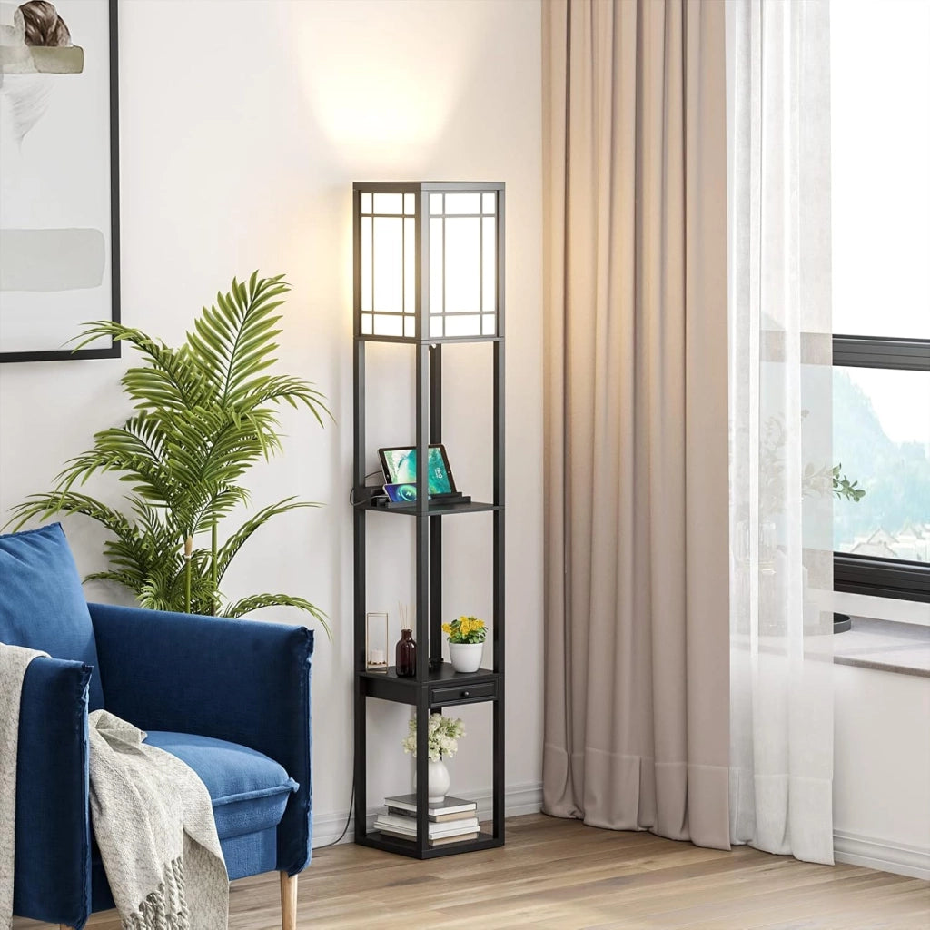 Lampada a Stelo con Ripiani e Cassetto, Lampada a Piantana Moderna con 2 Porte USB, Lampada da Terra per Salone e Camera da Letto, 26 x 26 x 160,5 cm (Modello 1)
