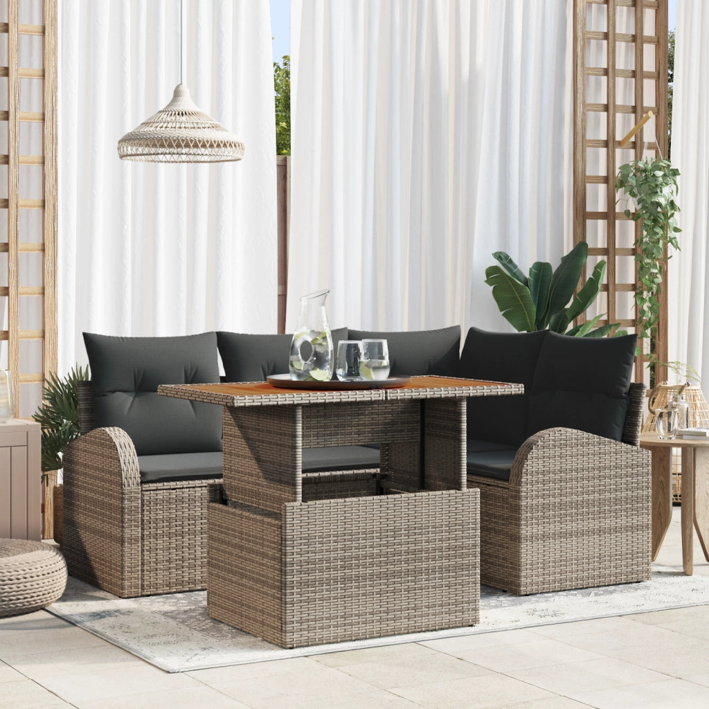 Set di divano da giardino a 5 pezzi con cuscini in polyrattan grigio