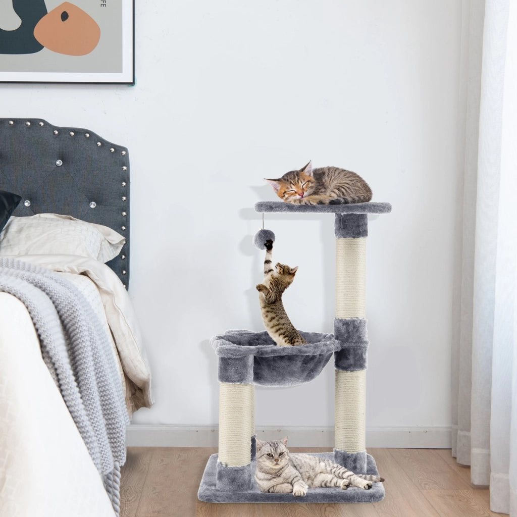 Albero per gatti multilivello con amaca tiragraffi rivestiti ampia piattaforma, Torre di arrampicata Grigio-Alberi Tiragraffi