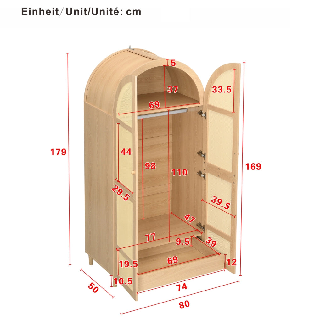 Armadio 80x50x179 cm con asta appendiabiti e cassetti; ante in rattan; gambe in legno; MDF e truciolare naturale