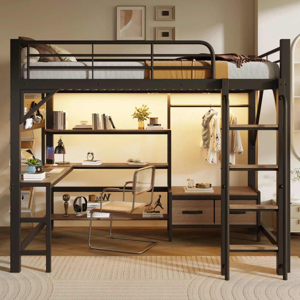 Letto a soppalco 140x200 cm con scrivania; LED; USB; ripiani e cassetti in tessuto; nero