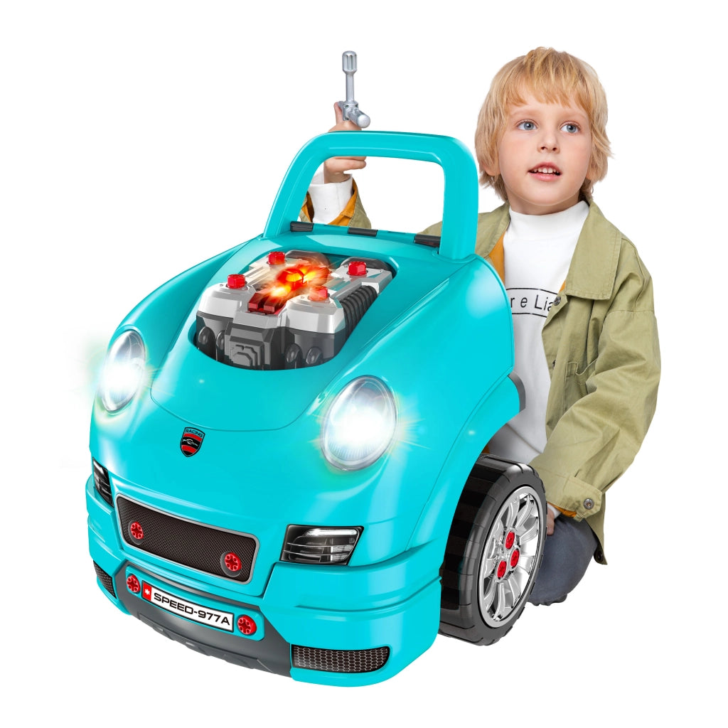 Officina Camion Giocattolo per Bambini 3-5 Anni a 61 Pezzi con Maniglia, in ABS e PP, 40x39x47 cm, Nero e Azzurro