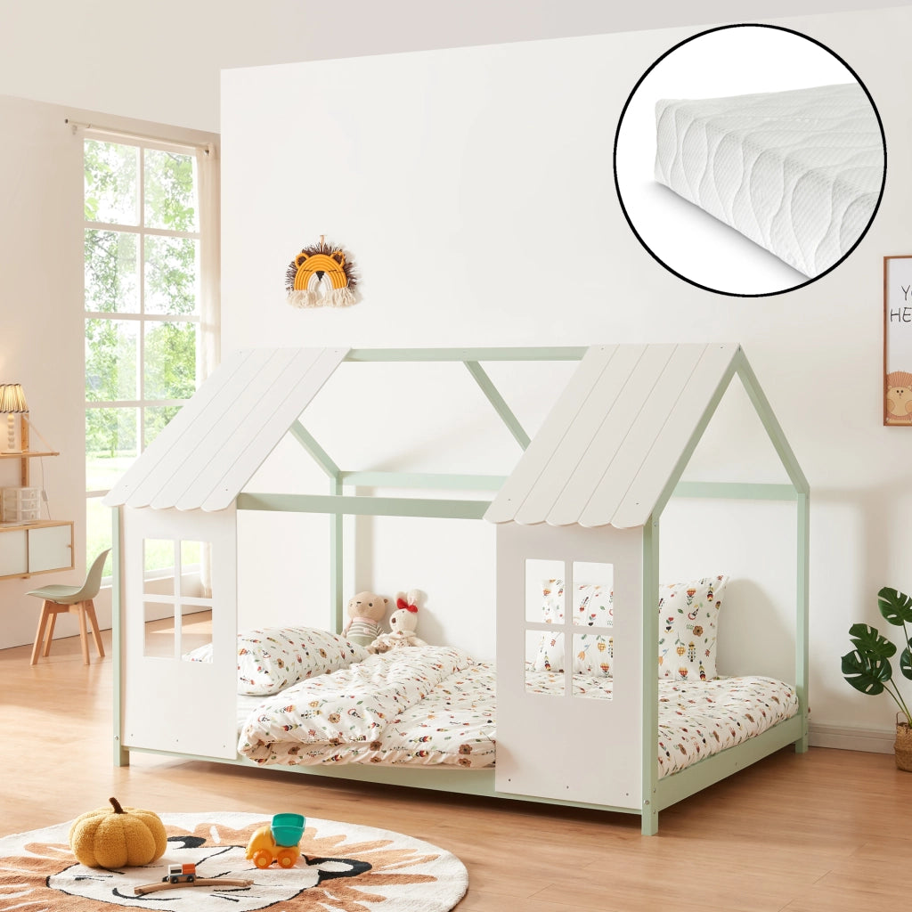 Letto Tostedt per Cameretta a Forma di Casetta con Materasso 140 x 200 Menta Verde / Bianco [en.casa]