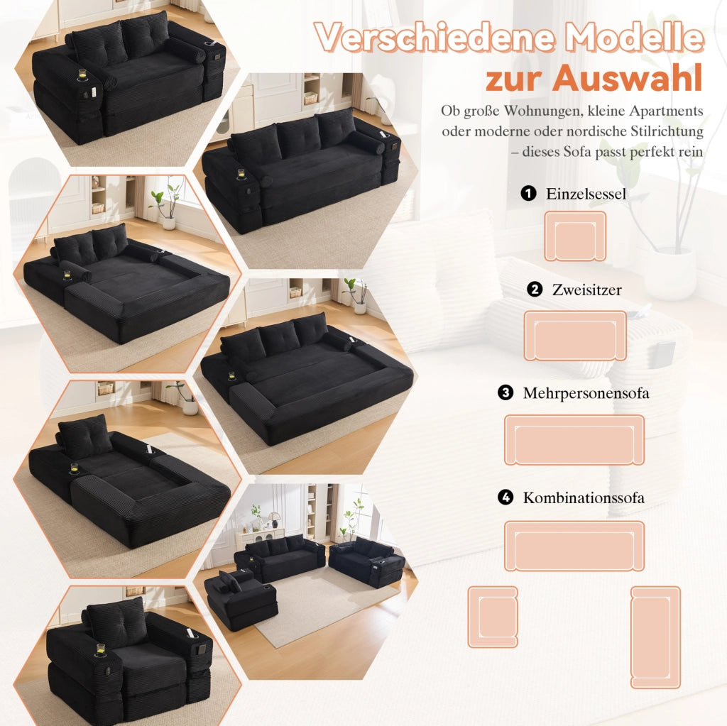 Divano letto modulare in velluto a coste nero 180x98 cm
