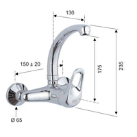 Rubinetto per lavello a muro con leva frontale e bocca alta girevole modello corto - serie kisss