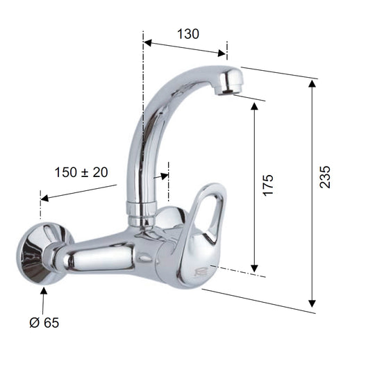 Rubinetto per lavello a muro con leva frontale e bocca alta girevole modello corto - serie kisss