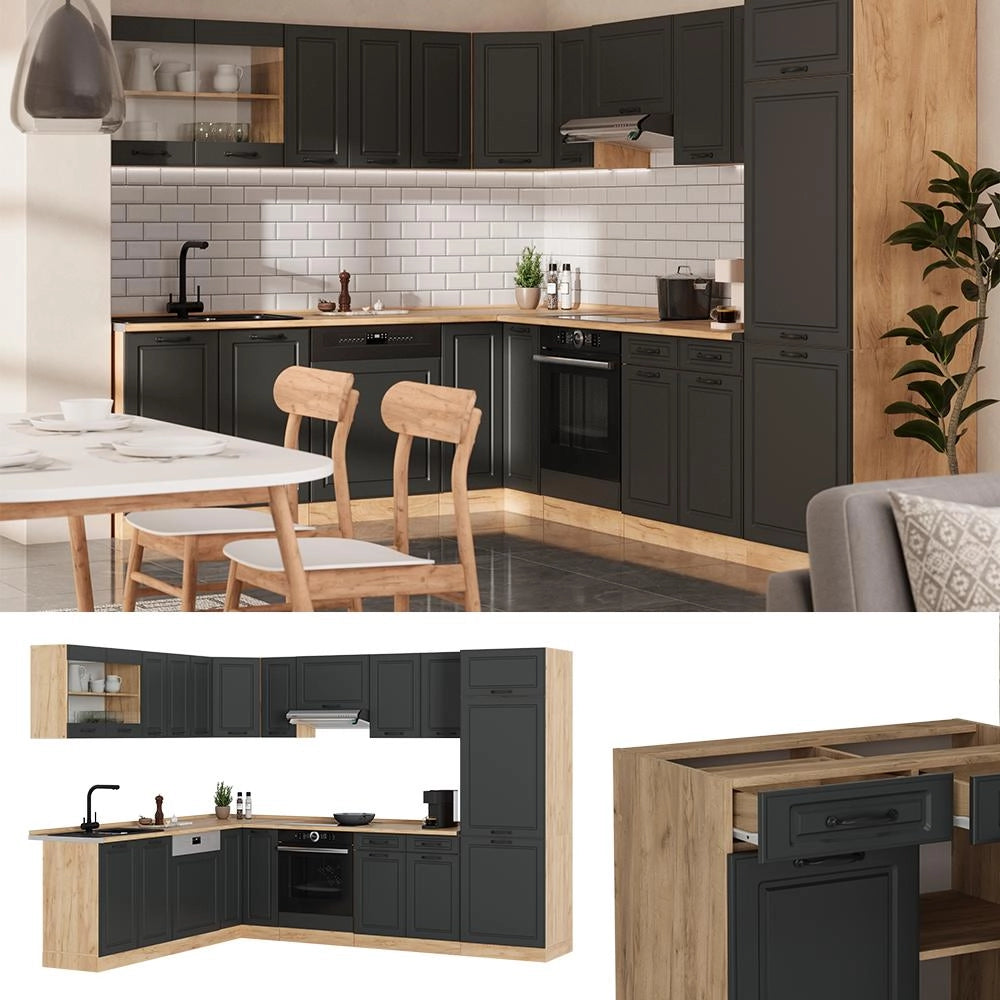 Cucina angolare completa R-Line Antracite rustico/Rovere dorato 287 x 227 cm, PL Antracite Vicco