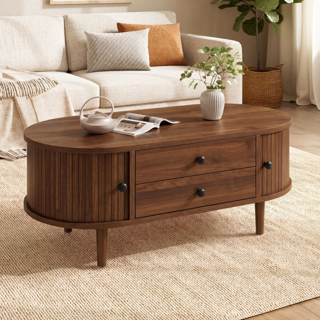Tavolino da Caff¨¨ Ovale con Cassetti e Ante Scorrevoli ¨C MINIMAL ¨C MDF