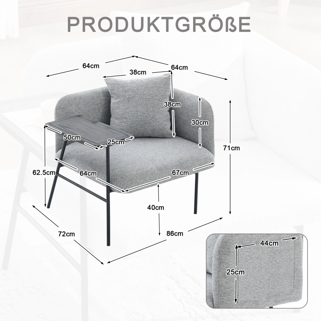 poltrona con tavolino laterale e 2 tasche portaoggetti; gambe in metallo; ciniglia grigia 86 Ã— 72 Ã— 71 cm