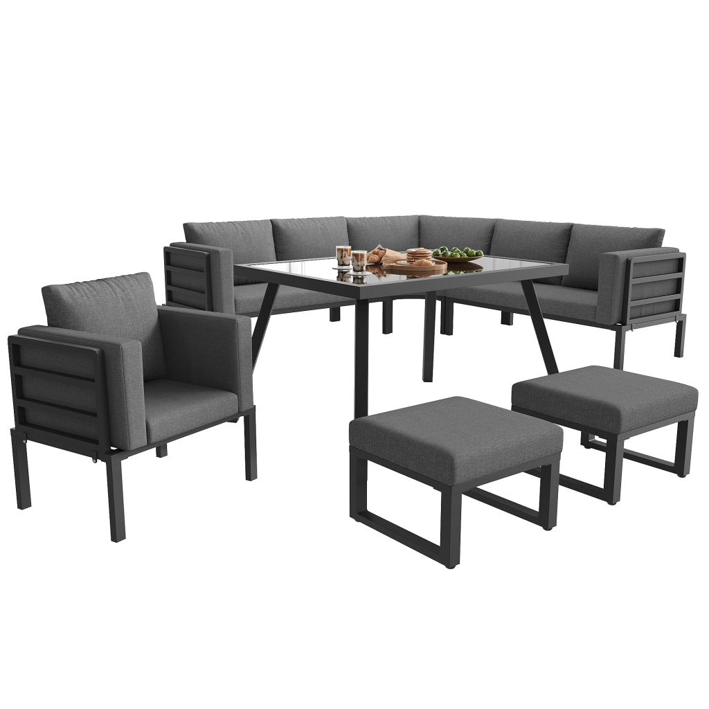 Set da giardino a mezzaluna per 8 persone - Zephmum - Struttura in ferro robusta, cuscini grigi, tavolo in vetro, 1 poltrona e 2 sgabelli