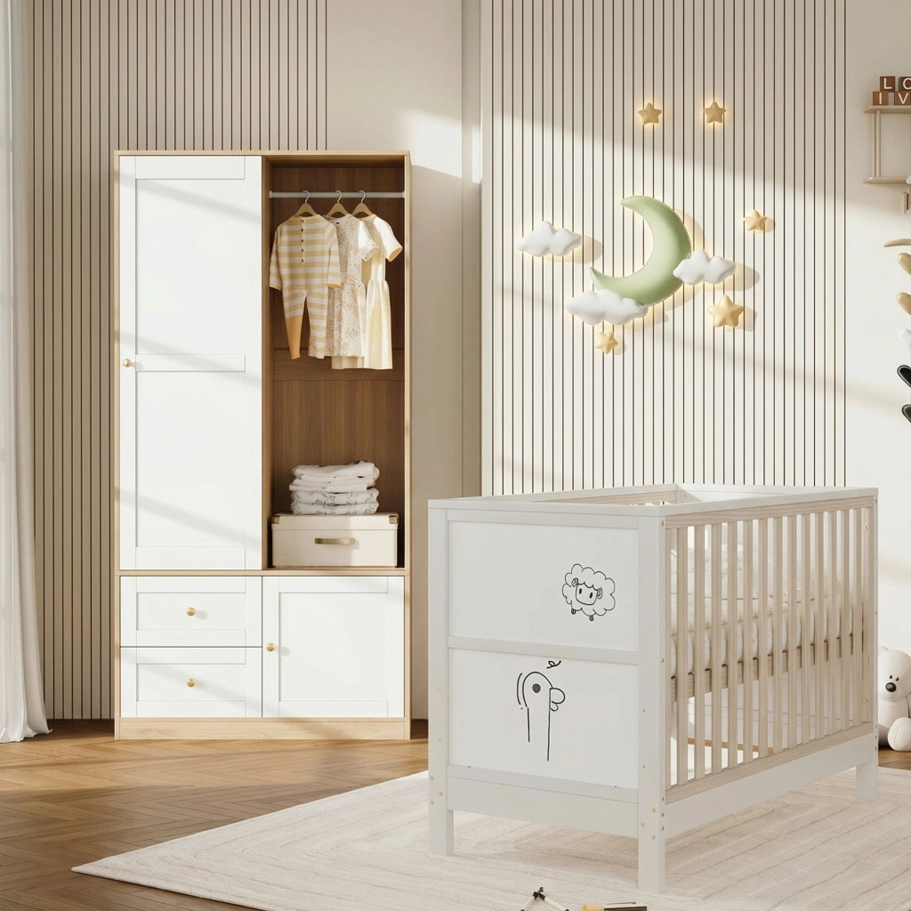 Set cameretta con lettino a sbarre e armadio scorrevole, legno massello e MDF, Natural/White