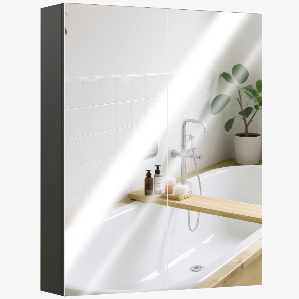 Armadietto Pensile Bagno con Specchio e Ripiani ¨C zephmum ¨C 60x15x75 cm, Nero, MDF