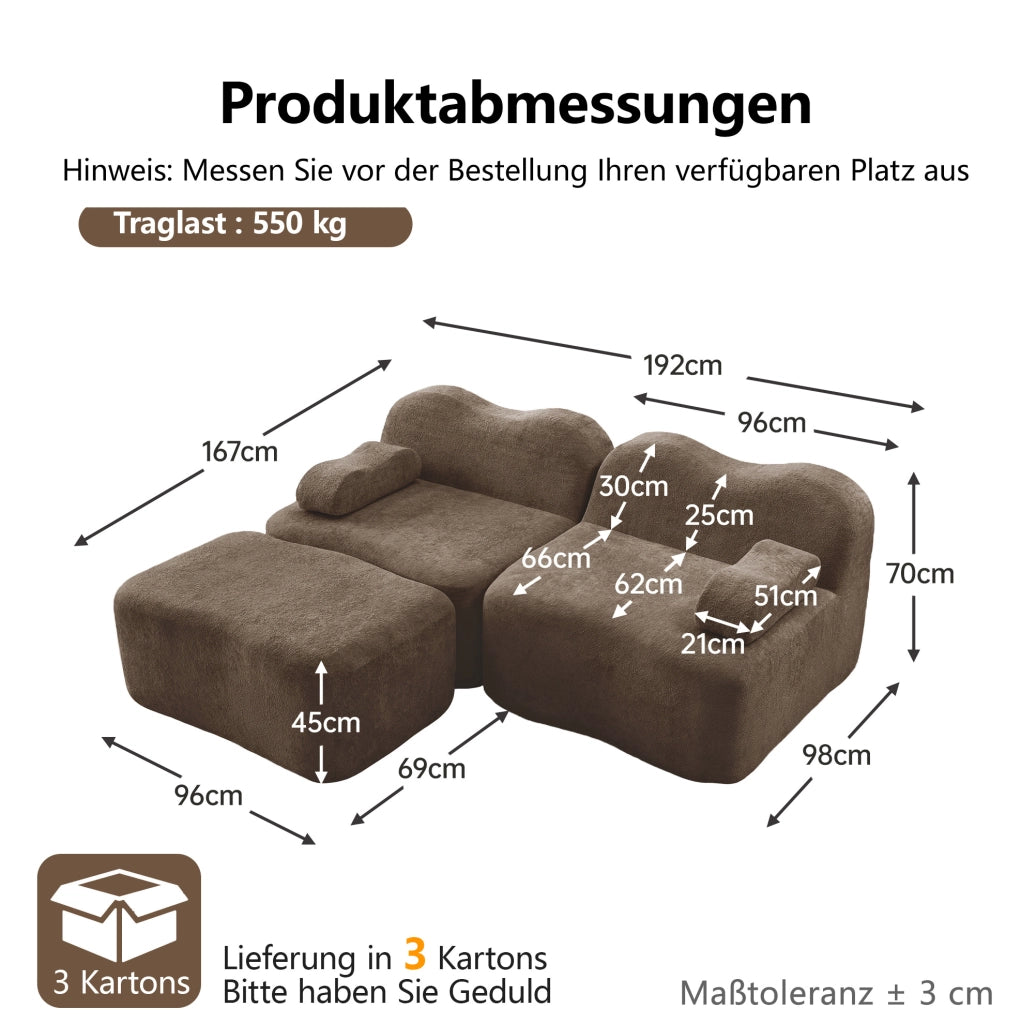 Divano angolare modulare a onde in velluto marrone con pouf collegabile