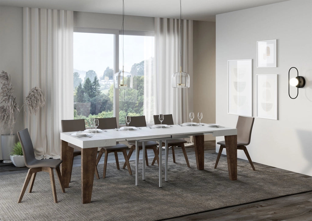 Tavolo Allungabile 90/246x90x77 cm Naxy Mix piano Bianco Frassino gambe Noce