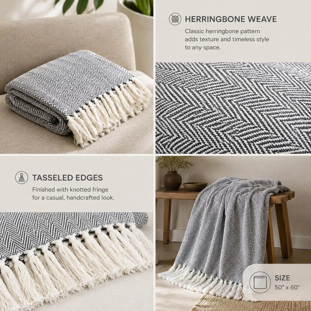 Cotton Throw With Herringbone Pattern, 160x210 Cm, Navy Blue