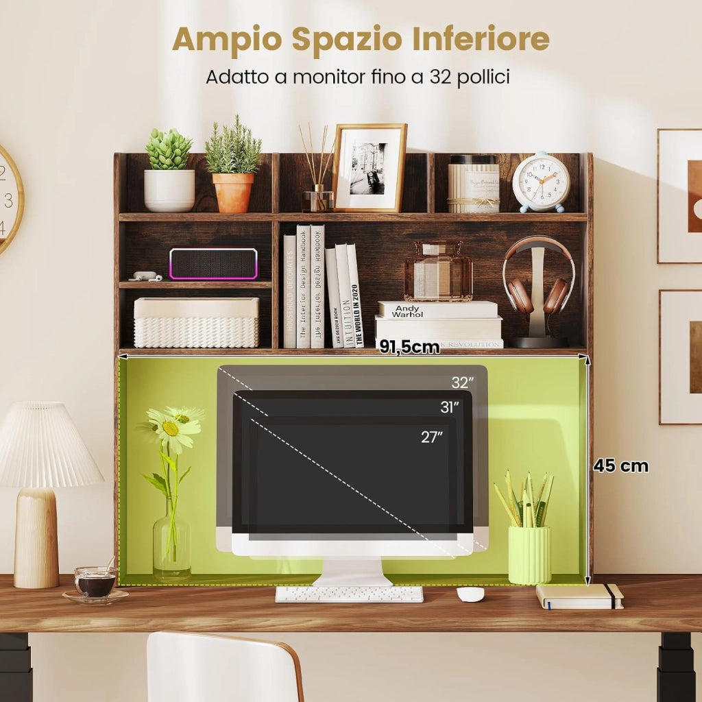 Libreria da Scrivania, Scaffale da Scrivania con 6 Ripiani in Legno, Scomparto Aperto per Monitor 32", Espositore per Dormitori Uffici Studio, 94 x 24 x 85 cm (Marrone)