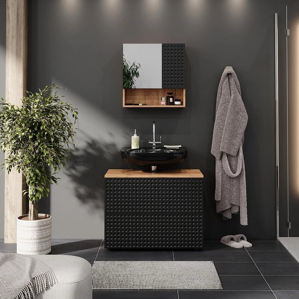 Mobiletto Irma, Antracite puntinato, 60 x 59 cm, con ritaglio per sifone e ripiano interno per conservazione