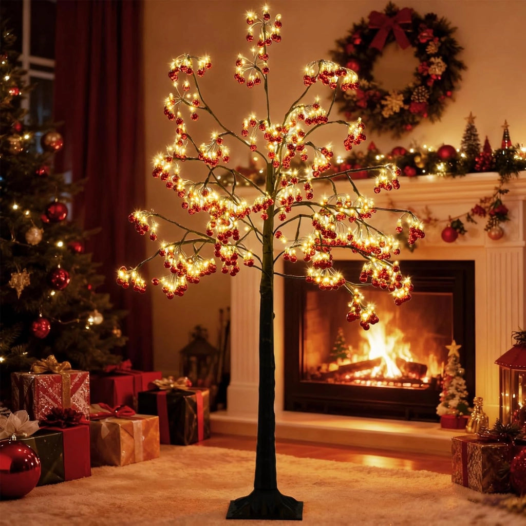 Albero di Natale Decorativo 150 cm, Albero Artificiale con Rami Pieghevoli, 384 Palline Rosse, 480 Luci LED e Picchetti di Ancoraggio, Albero di Natale Illuminato per Uso Interno ed Esterno