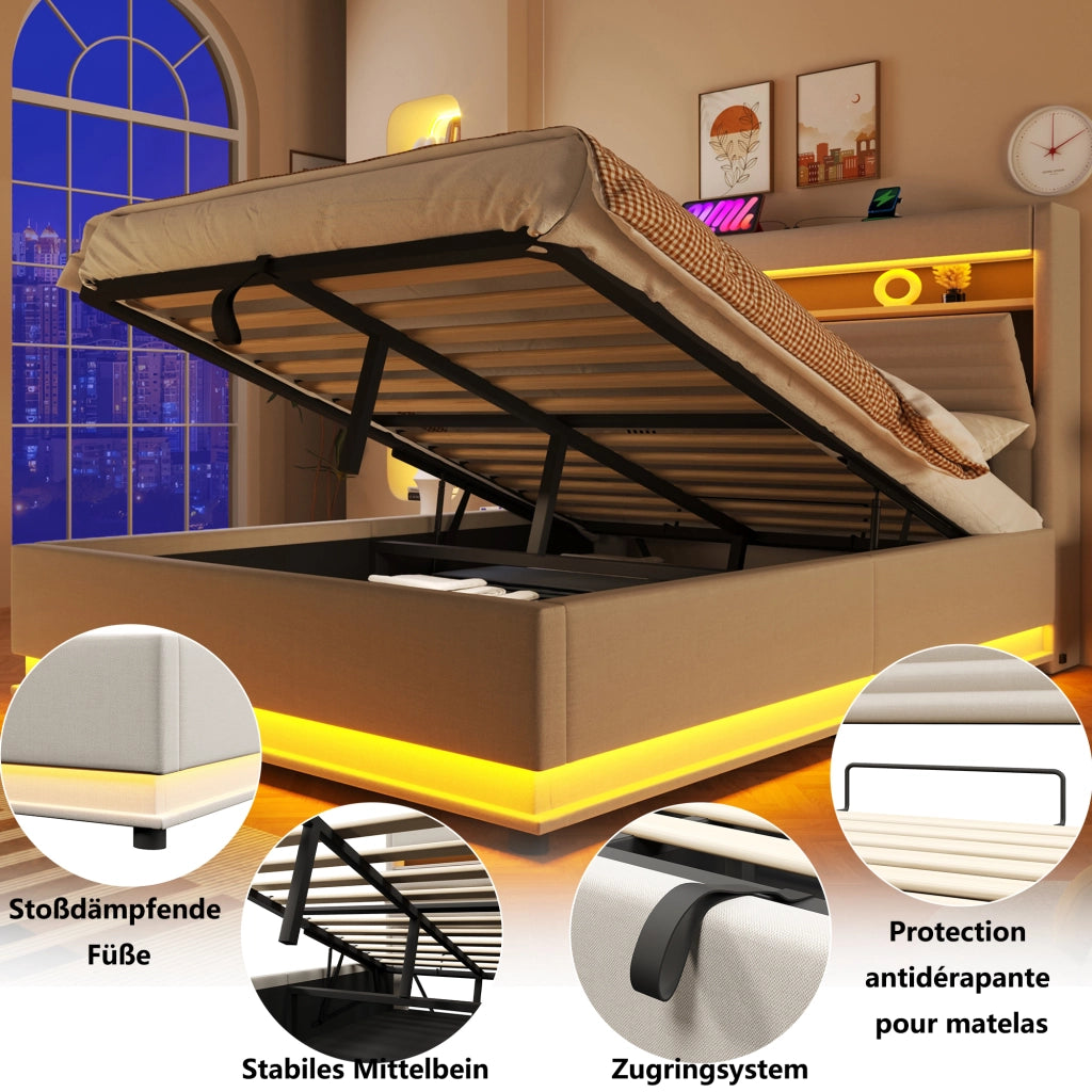 Letto Contenitore 140x200 cm; Letto Matrimoniale; USB; Tipo C e LED Regolabile - Beige