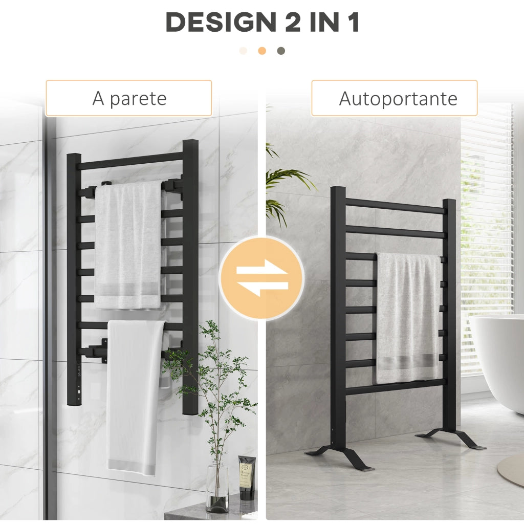 Scaldasalviette Elettrico da Terra o Parete 150W con 8 Barre e Timer 2-4 Ore, 53x35x90 cm, Nero