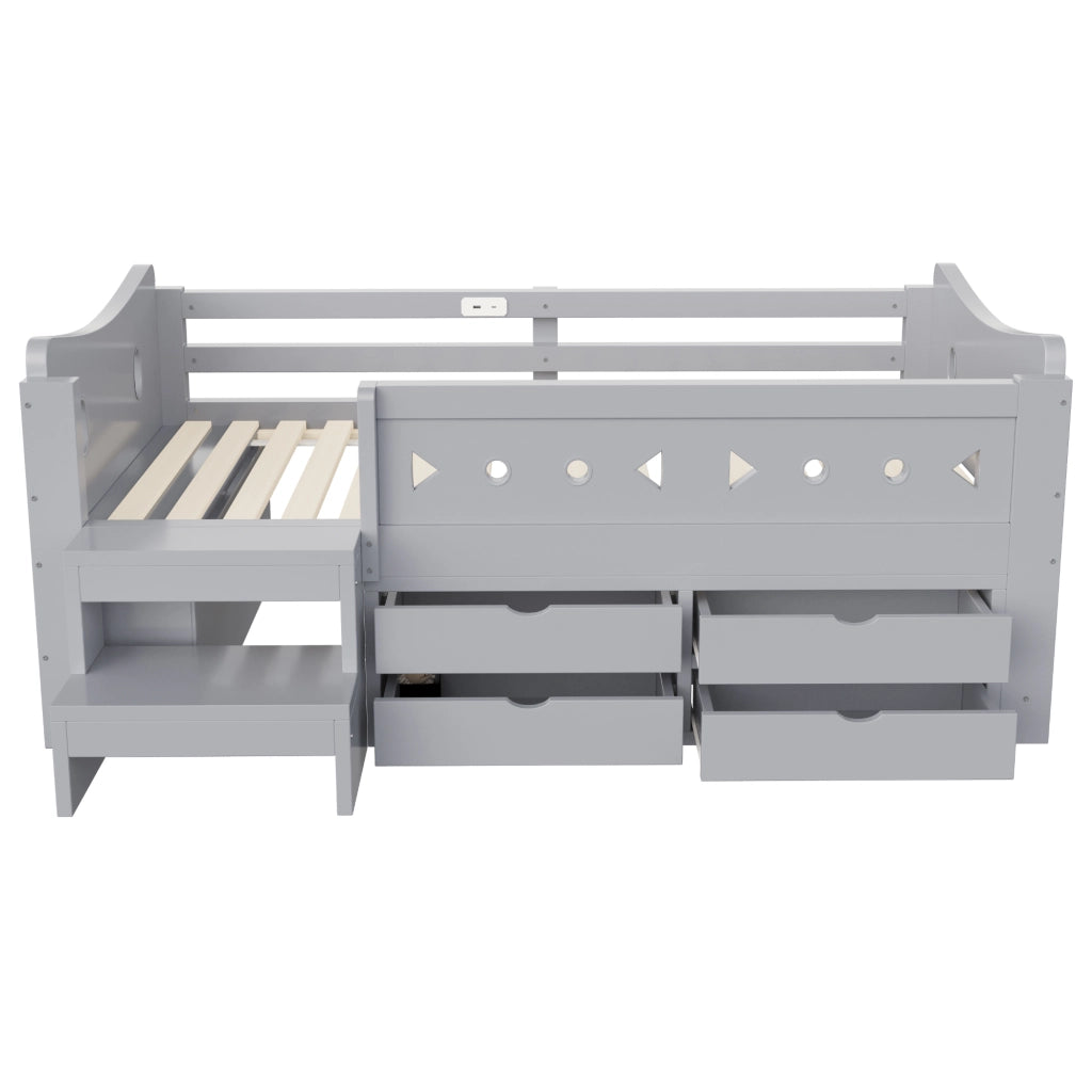 Letto singolo per bambini 90x200 cm con cassetti; testiera portaoggetti; sponda; LED; USB e USB-C; legno grigio