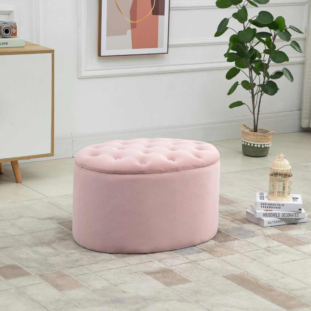 Pouf Contenitore con Coperchio Imbottito e Trapuntato, Poggiapiedi in Velluto Ovale per Salotto e Camera da Letto, Rosa