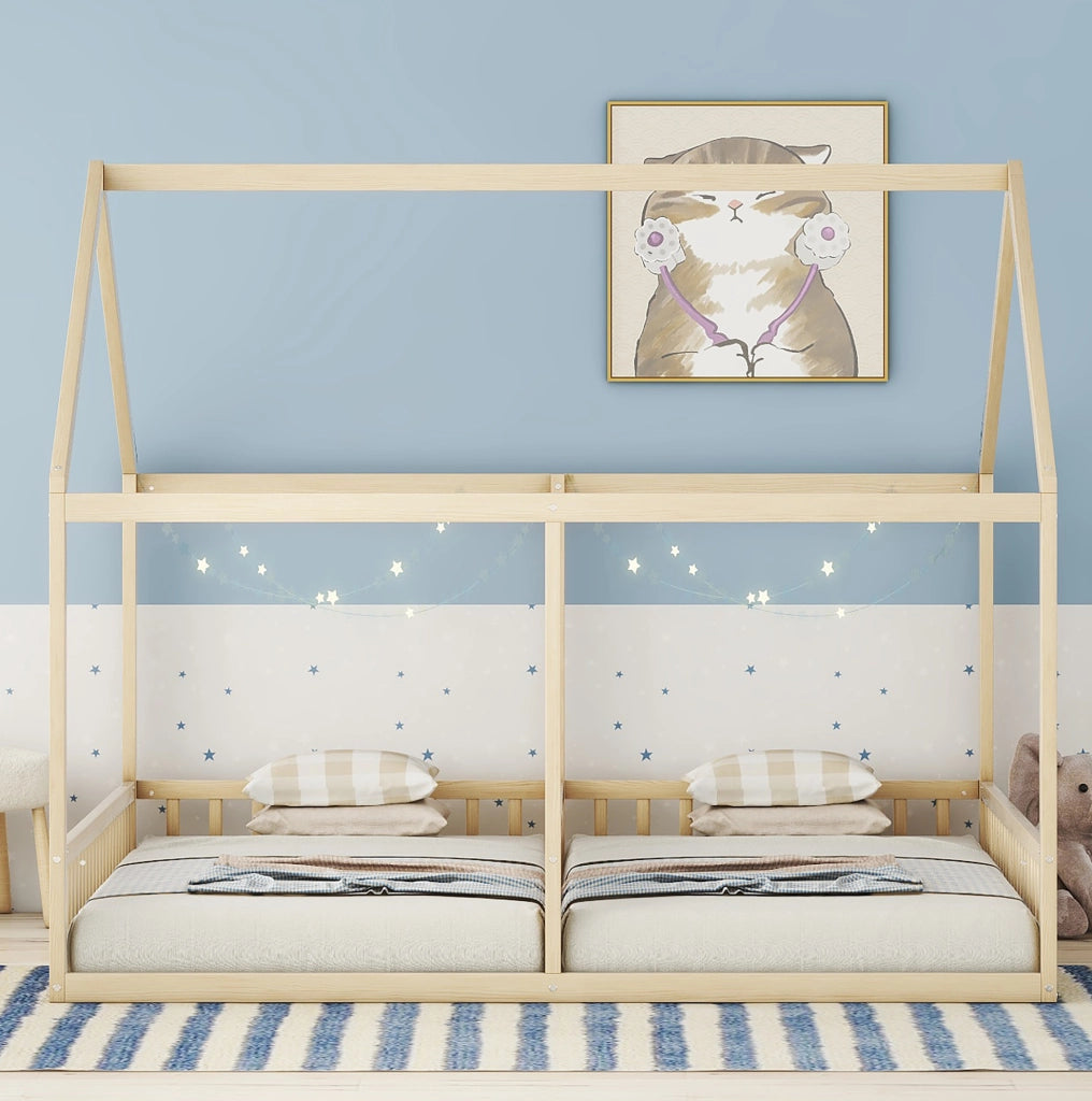 Letto a casetta 90x200 cm 2 in 1; con sponde; pino e MDF; colore naturale