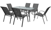 Set Tavolo Sedie Da Giardino 7 Pezzi, Tavolo Da Pranzo Terrazzo In Metallo Piano In Vetro Con Foro  Ombrellone 6 Sedia Da Esterno Impilabili Con Schienale Alto,Veranda  Grigio