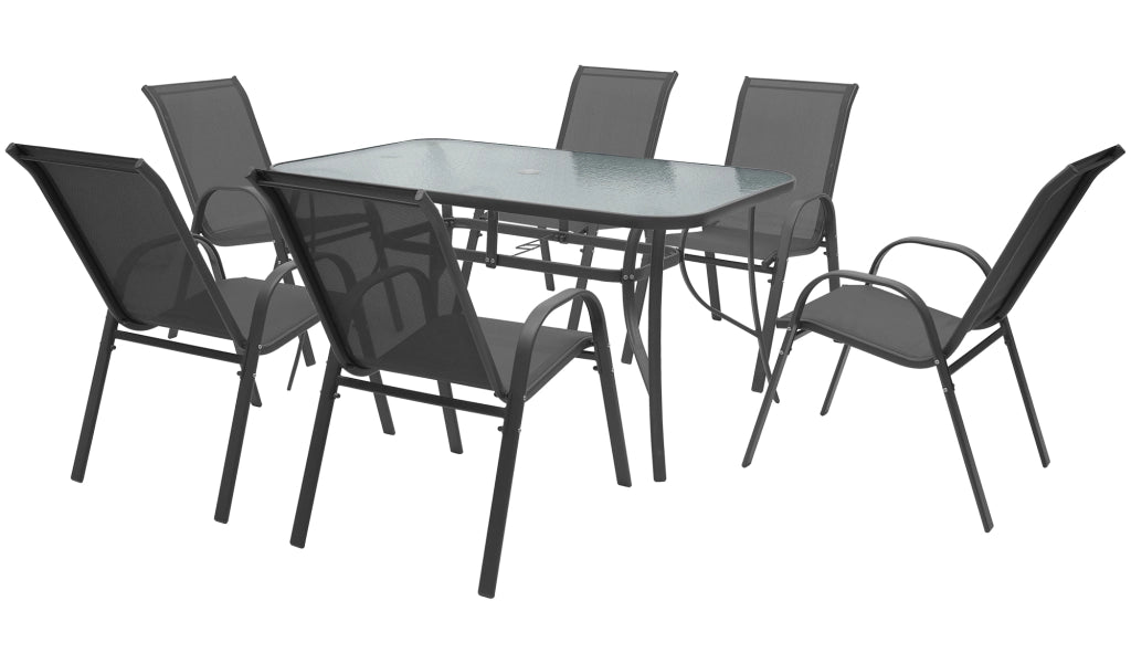 Set Tavolo Sedie Da Giardino 7 Pezzi, Tavolo Da Pranzo Terrazzo In Metallo Piano In Vetro Con Foro  Ombrellone 6 Sedia Da Esterno Impilabili Con Schienale Alto,Veranda  Grigio