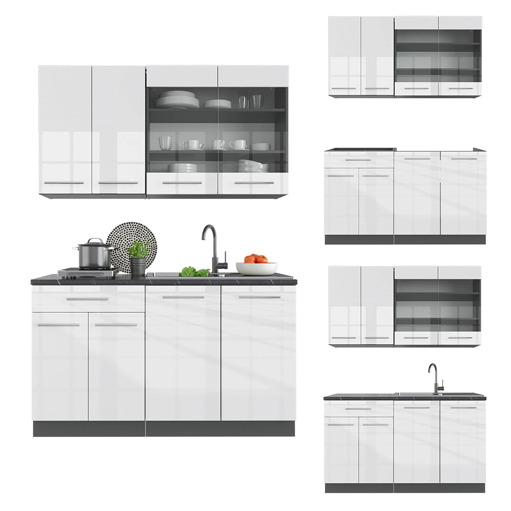 Cucina completa Fame-Line Bianco lucido/Antracite 140 cm, PL Marmo Vicco