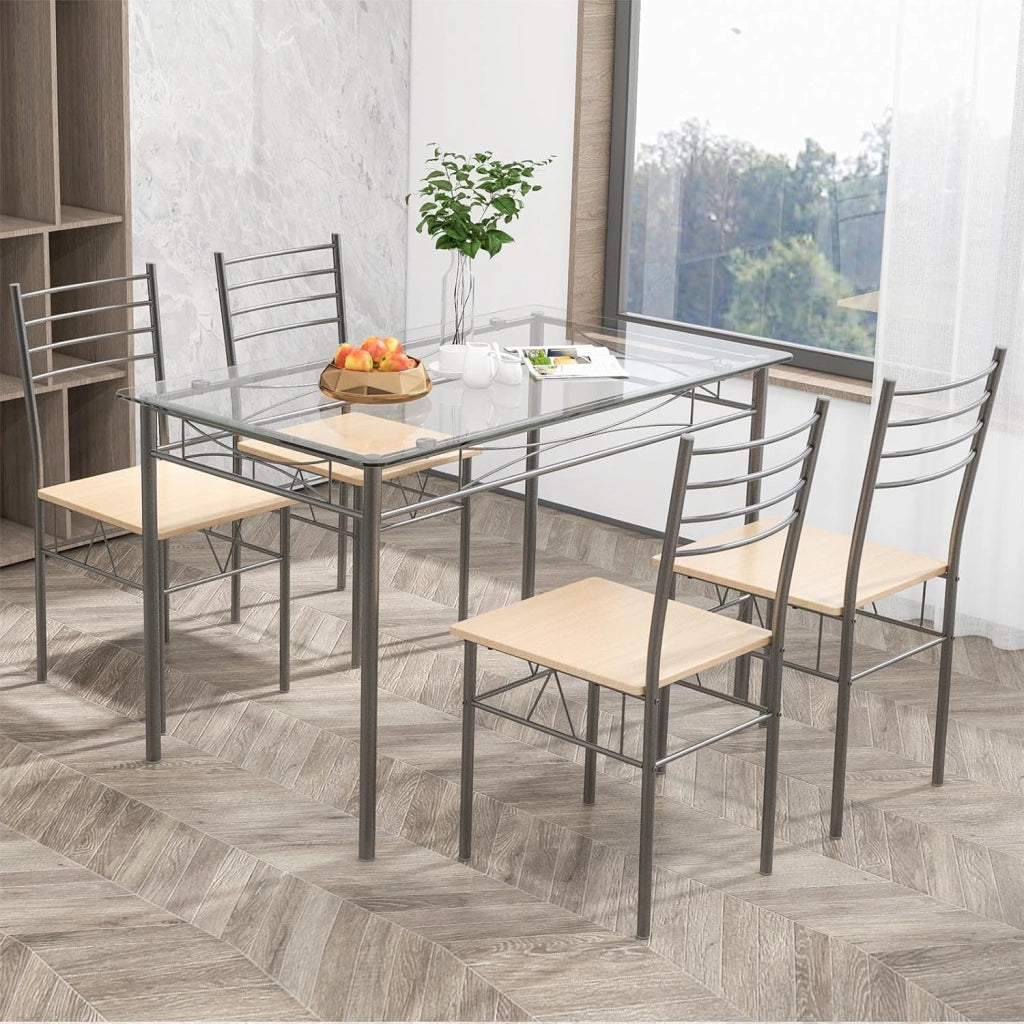 Tavolo da pranzo in vetro temperato con 4 sedie, set da pranzo, ampio piano e seduta grande con venature di legno delicate, poco ingombrante, per cucina, soggiorno