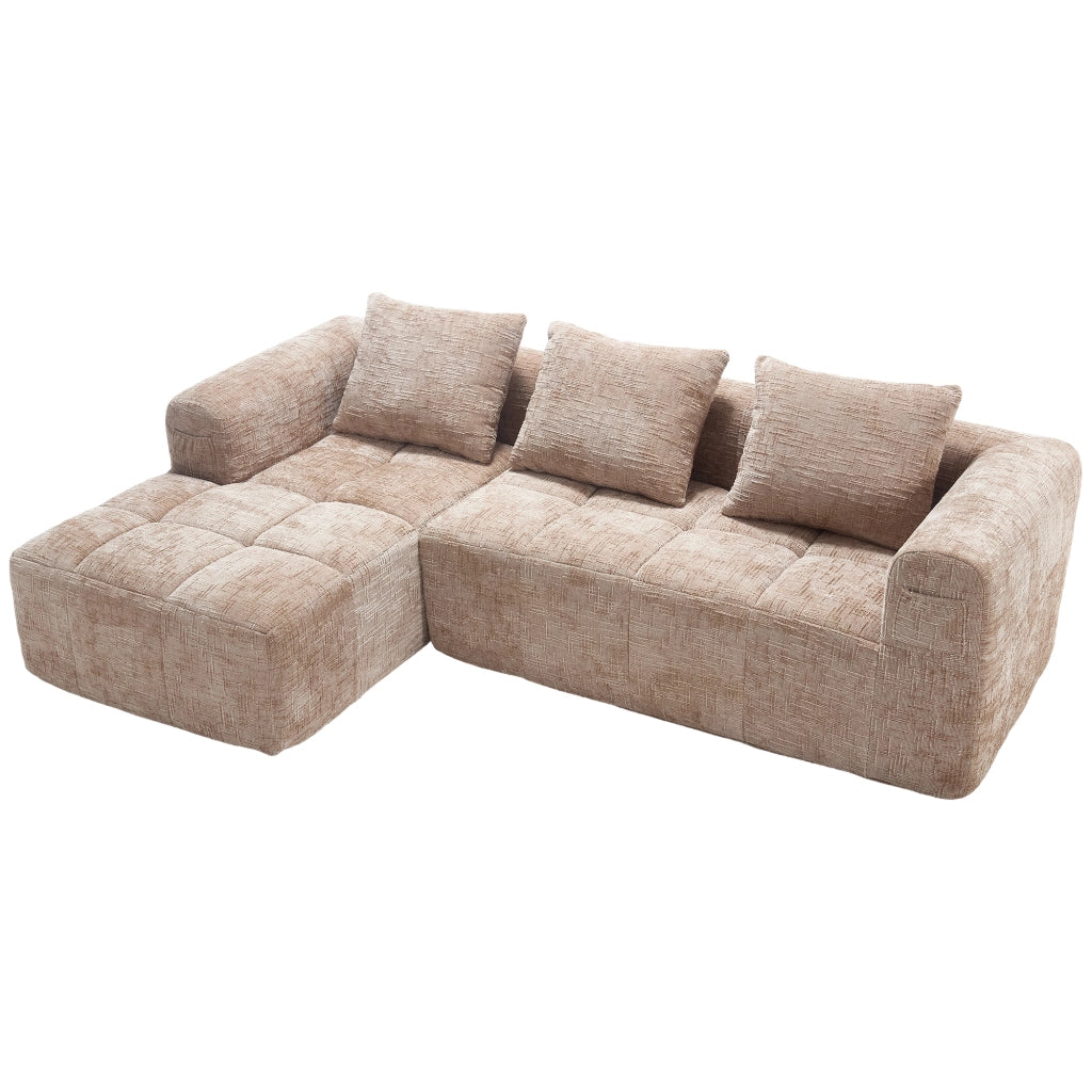 OKWISH Divano con Chaise Longue Reversibile 3 Posti, Modulare senza Montaggio con Tasche Laterali e 3 Cuscini, Ciniglia, Cachi