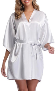 Kimono da bagno corta per donne con cintura e collo V in acciaio (L, Argento)