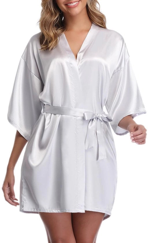 Kimono da bagno corta per donne con cintura e collo V in acciaio (L, Argento)