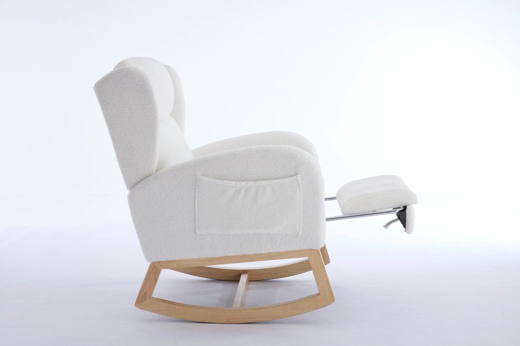 Poltrona a Dondolo con Poggiapiedi ¨C MINIMAL ¨C Tessuto Teddy, Schienale Alto, Bianco