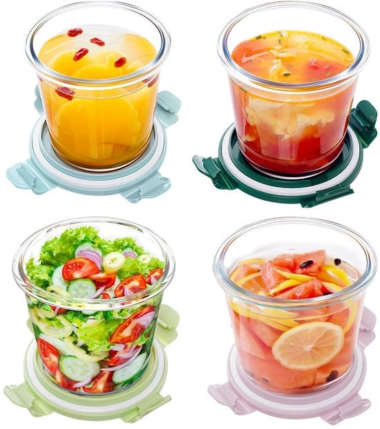 4 contenitori da 4 porzioni da 750 ml, vassoi di vetro con coperchio, conserve multifunzionali, portacibo trasportabile, contenitore da picnic chiuso a chiave, set di contenitori per frigorifero/congelatore/microonde, non BPA.