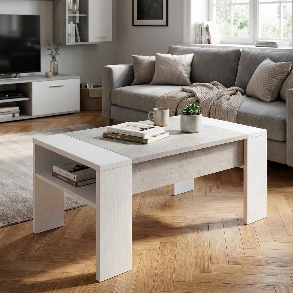 Tavolino Da Living Trasformabile Con Piano Sollevabile E Vano Contenitore Tavolo Moderno Per Salotto Soggiorno Smart Working 98 X 50 X 43 Cm Bianco E Grigio Cemento