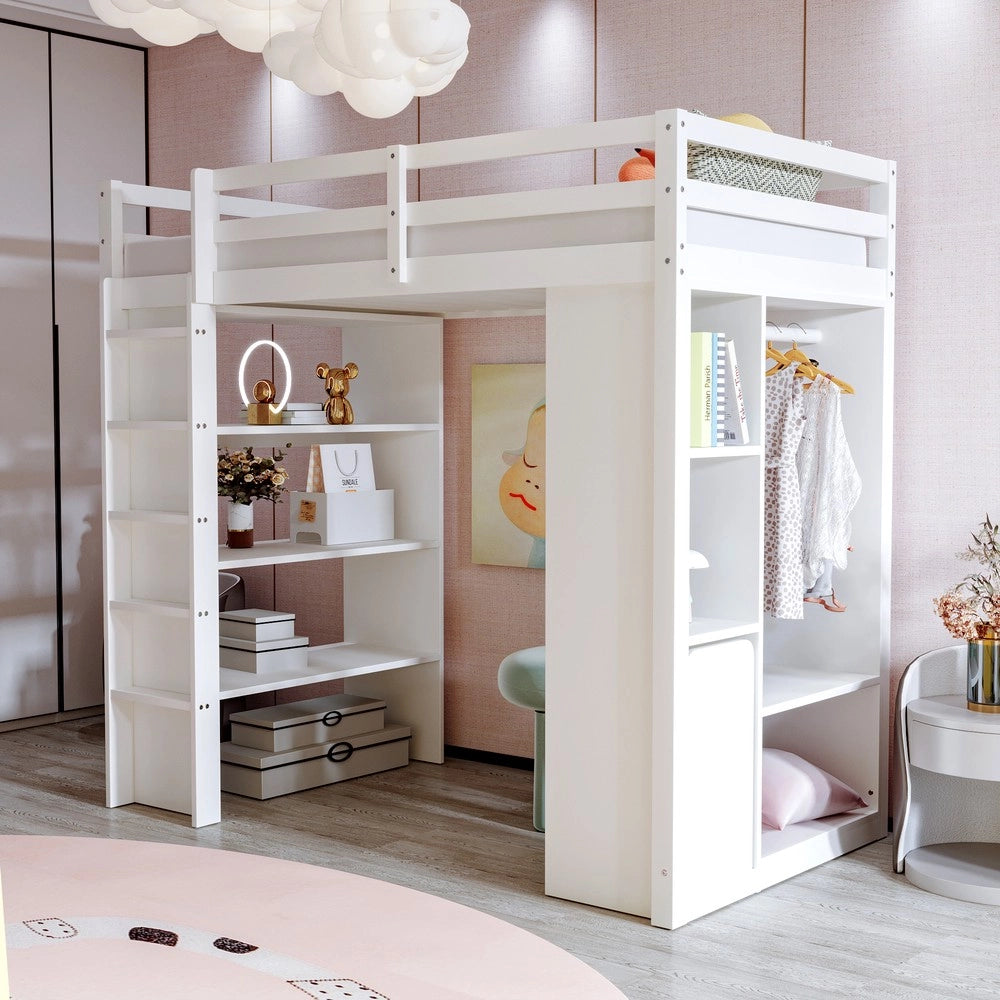 Letto a Soppalco Singolo ¨C MINIMAL ¨C Bianco, con Scaffali, Appendiabiti e Carrello, 90x200