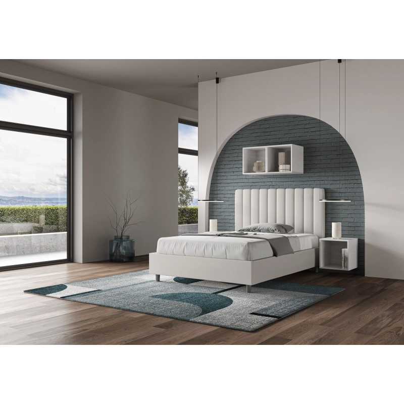 Letto imbottito Matrimoniale francese 140x210 cm Agueda - Bianco,Similpelle,Contenitore